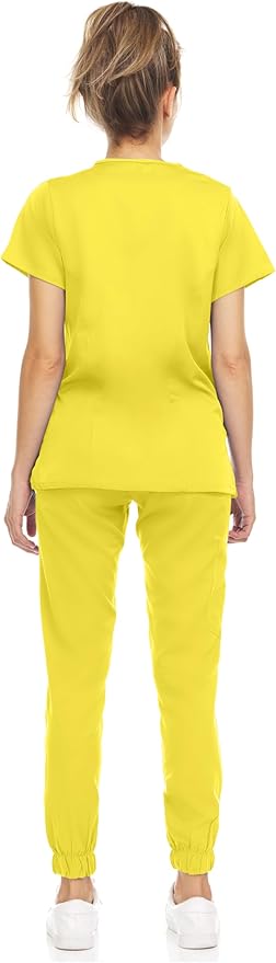 Medichic Eleanor V-Neck Top with Leah Elastic Waist Cargo Jogger Pants Scrub Set - Yellow