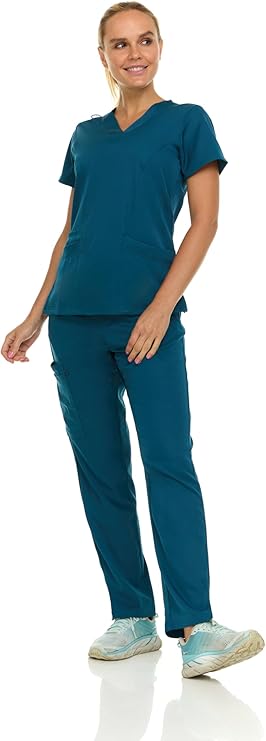 Medichic Eleanor V-Neck Top with Joelle Elastic Drawstring Cargo Pants Scrub Set - Caribbean Blue