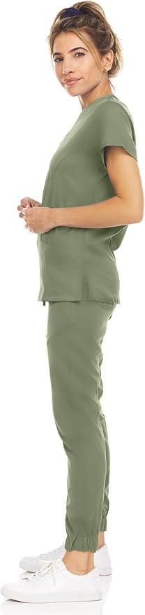 Medichic Eleanor V-Neck Top with Leah Elastic Waist Cargo Jogger Pants Scrub Set - Olive Green