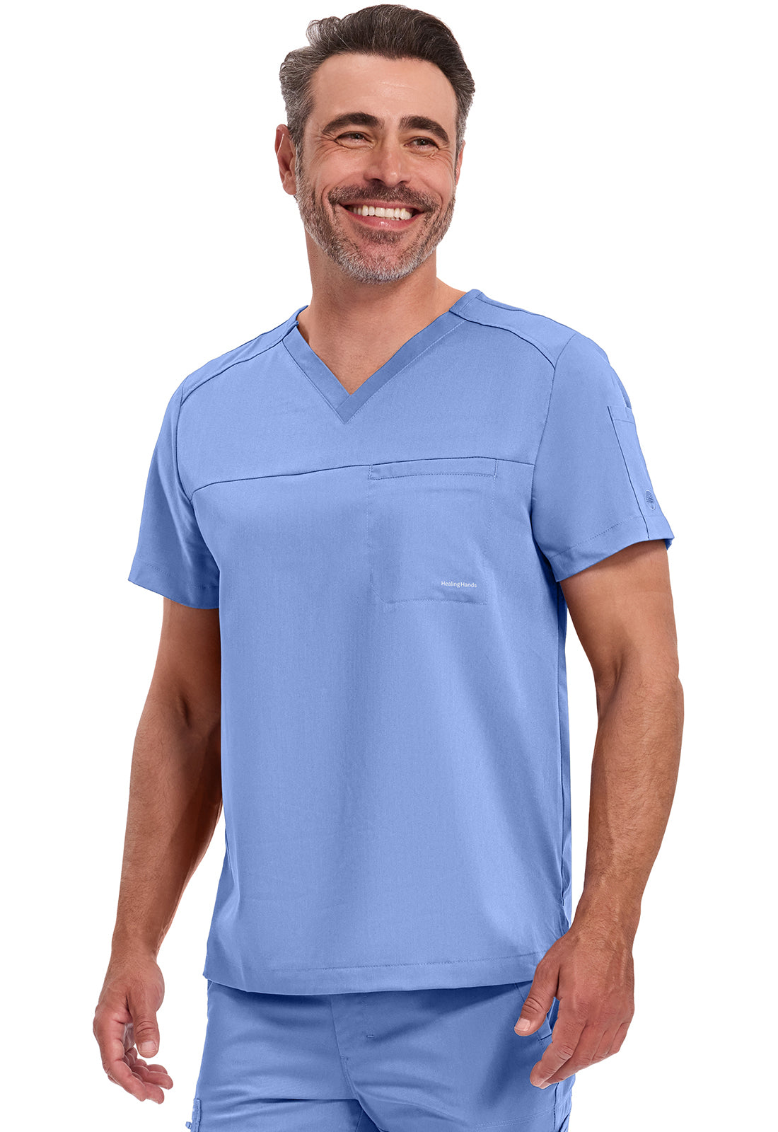 Blusa médica Justin de un bolsillo con solapa para hombre, de Healing Hands Purple Label