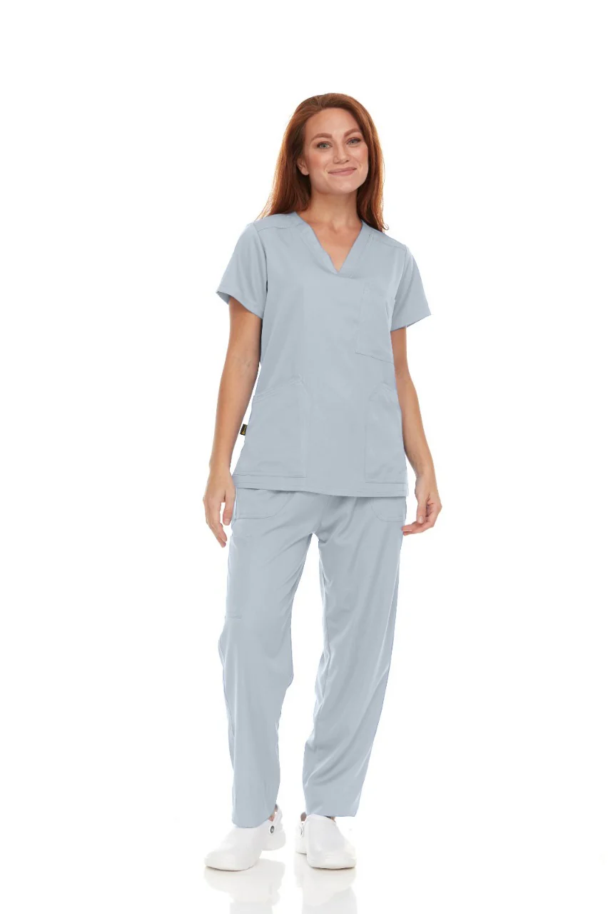 Pepino Medical Scrub Set for Women & Men (Unisex) - V-Neck 3 Pocket Scrub Top & Drawstring Elastic Waist Straight Leg Scrub Pants with Cargo Pocket - Silver Grey
