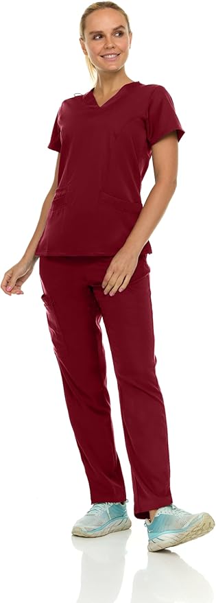 Medichic Eleanor V-Neck Top with Tall Joelle Elastic Drawstring Cargo Pants Scrub Set - Wine