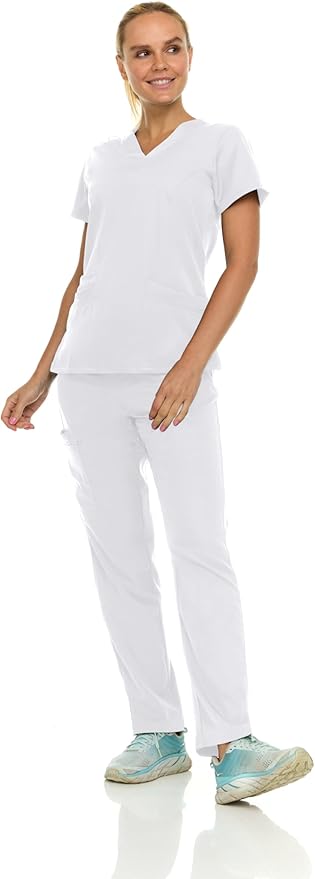 Medichic Eleanor V-Neck Top with Tall Joelle Elastic Drawstring Cargo Pants Scrub Set - White