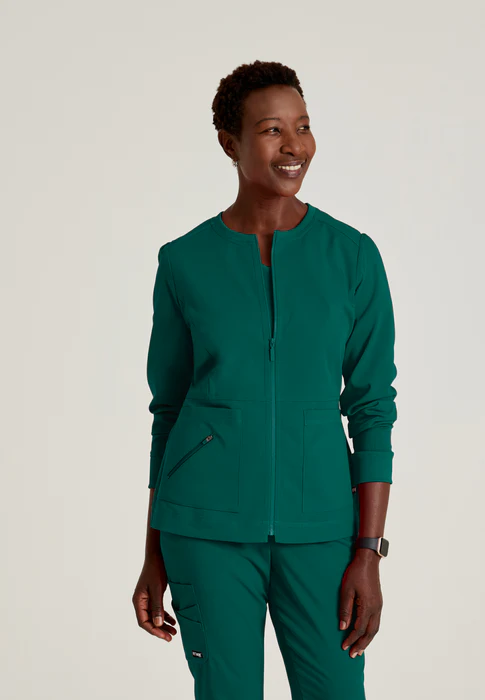 Grey's Anatomy Spandex Stretch Millie 3-Pocket Princess Line Warm-Up Crewneck Scrub Jacket