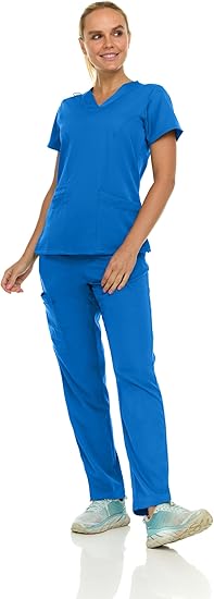 Medichic Eleanor V-Neck Top with Tall Joelle Elastic Drawstring Cargo Pants Scrub Set - Royal Blue