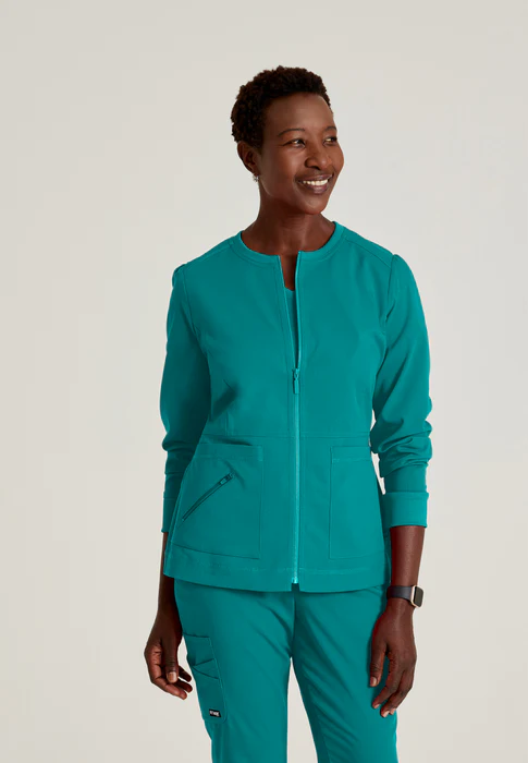Grey's Anatomy Spandex Stretch Millie 3-Pocket Princess Line Warm-Up Crewneck Scrub Jacket