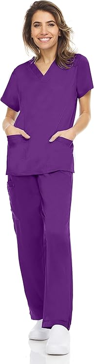 Medichic Eleanor V-Neck Top with Joelle Elastic Drawstring Cargo Pants Scrub Set - Eggplant