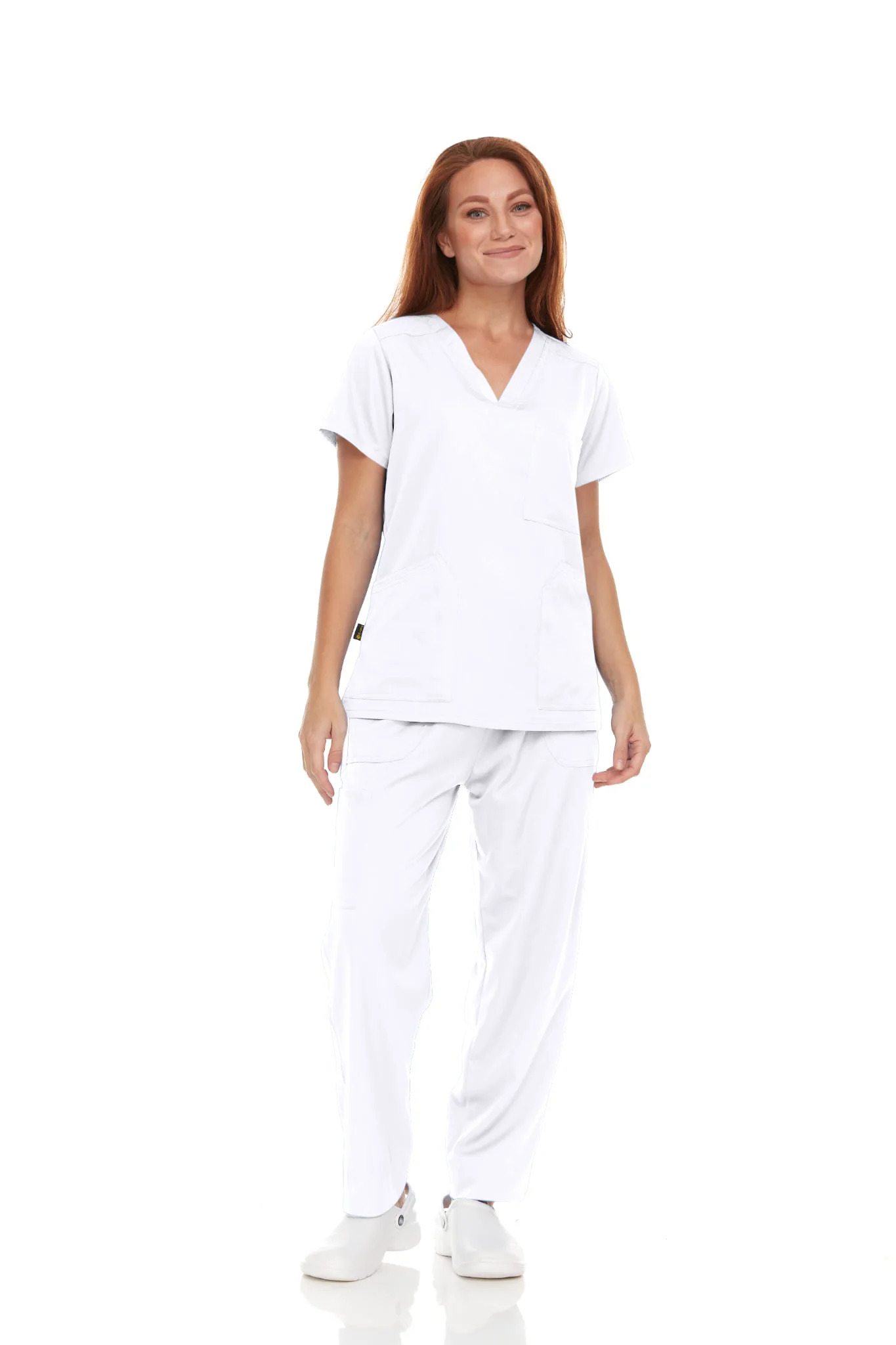 Pepino Medical Scrub Set for Women & Men (Unisex) - V-Neck 3 Pocket Scrub Top & Drawstring Elastic Waist Straight Leg Scrub Pants with Cargo Pocket - White
