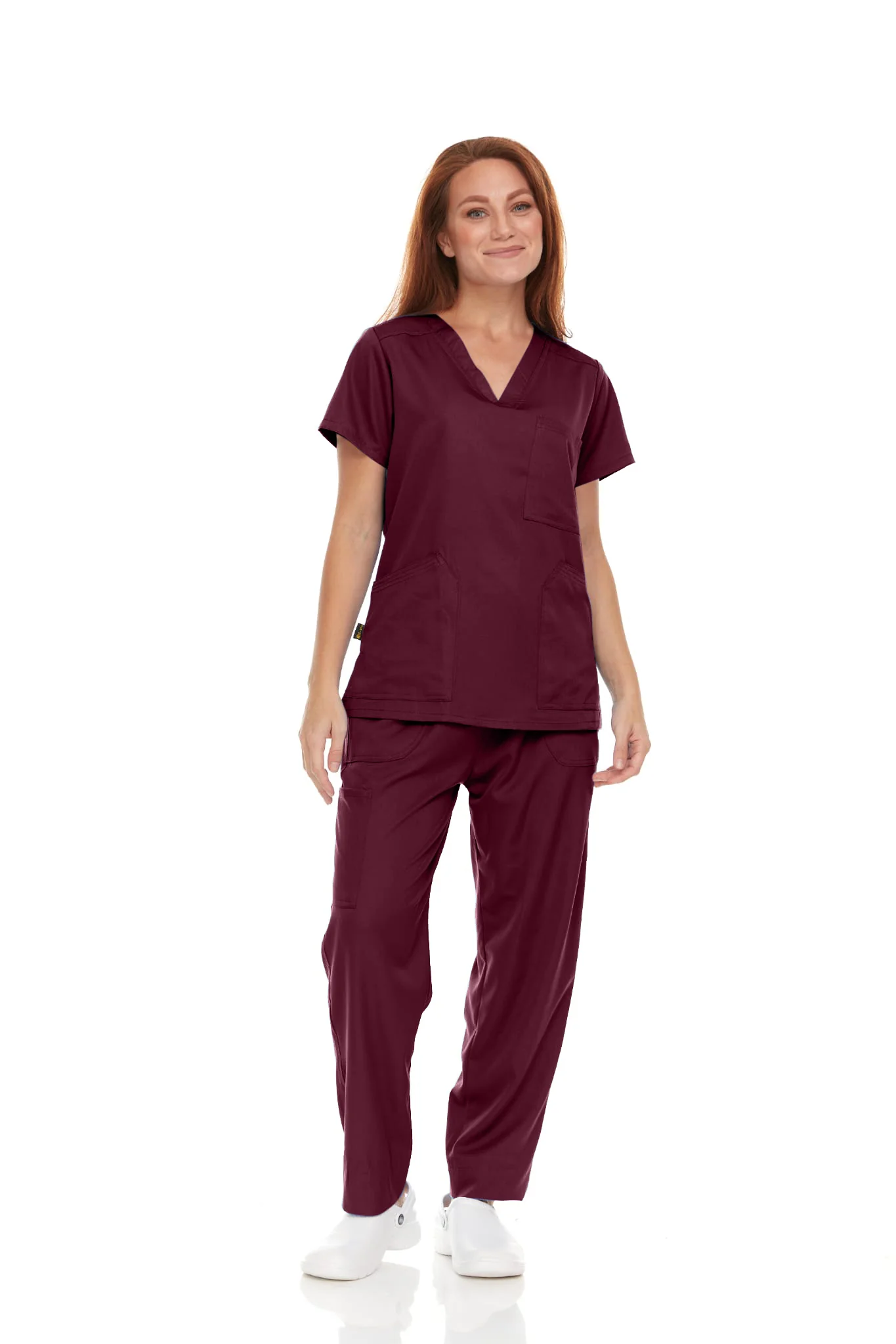 Pepino Medical Scrub Set for Women & Men (Unisex) - V-Neck 3 Pocket Scrub Top & Drawstring Elastic Waist Straight Leg Scrub Pants with Cargo Pocket - Wine
