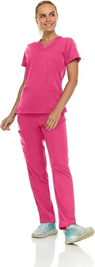 Medichic Eleanor V-Neck Top with Joelle Elastic Drawstring Cargo Pants Scrub Set - Shocking Pink