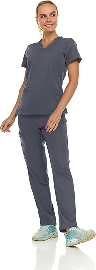 Medichic Eleanor V-Neck Top with Tall Joelle Elastic Drawstring Cargo Pants Scrub Set - Pewter Grey