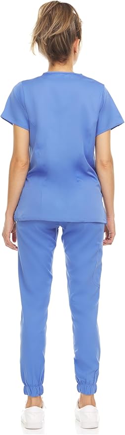 Medichic Eleanor V-Neck Top with Leah Elastic Waist Cargo Jogger Pants Scrub Set - Ceil Blue