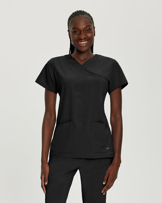 White Cross Fit 3-Pocket Mock Wrap Scrub Top