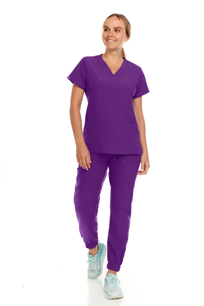 Hey Medical Stretch V-Neck Scrub Top with Stretch Cargo Jogger Pants Scrub Set - Eggplant