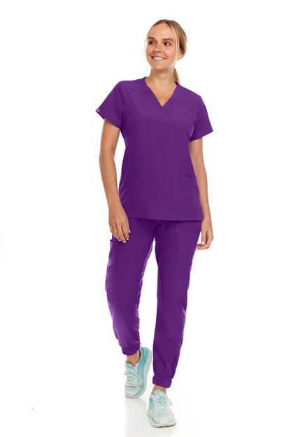 Hey Medical Stretch V-Neck Scrub Top with Stretch Cargo Jogger Pants Scrub Set - Eggplant