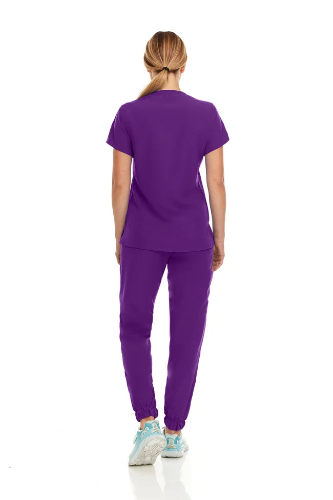 Hey Medical Stretch V-Neck Scrub Top with Stretch Cargo Jogger Pants Scrub Set - Eggplant