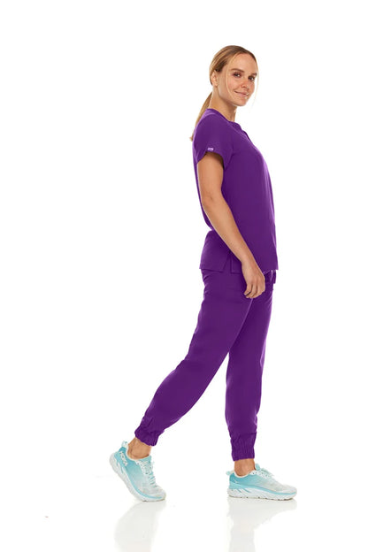 Hey Medical Stretch V-Neck Scrub Top with Stretch Cargo Jogger Pants Scrub Set - Eggplant