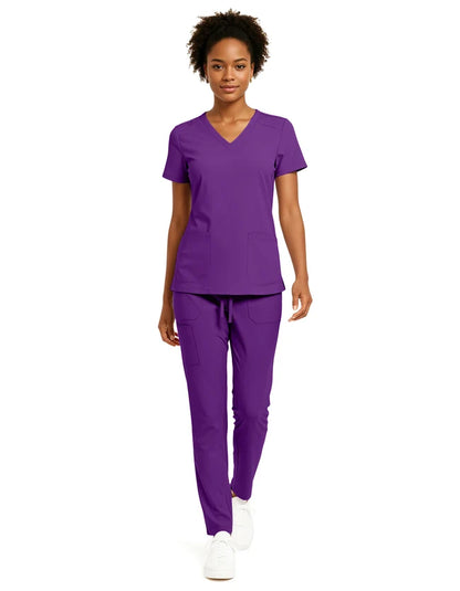 Hey Medical V-Neck Top with Stretch Cargo Tapered Leg Pants Scrub Set - Eggplant