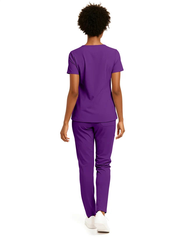 Hey Medical V-Neck Top with Stretch Cargo Tapered Leg Pants Scrub Set - Eggplant