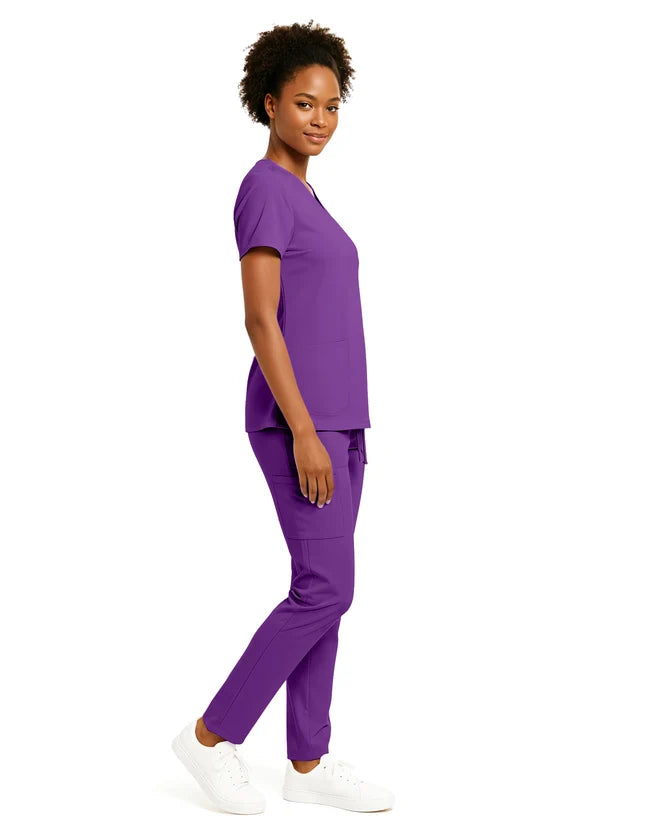 Hey Medical V-Neck Top with Stretch Cargo Tapered Leg Pants Scrub Set - Eggplant