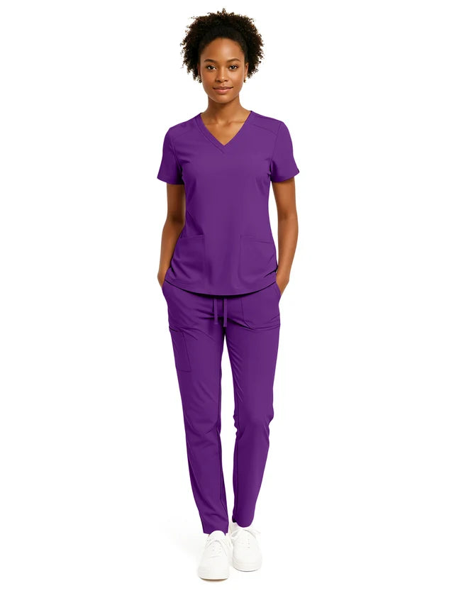 Hey Medical V-Neck Top with Stretch Cargo Tapered Leg Pants Scrub Set - Eggplant
