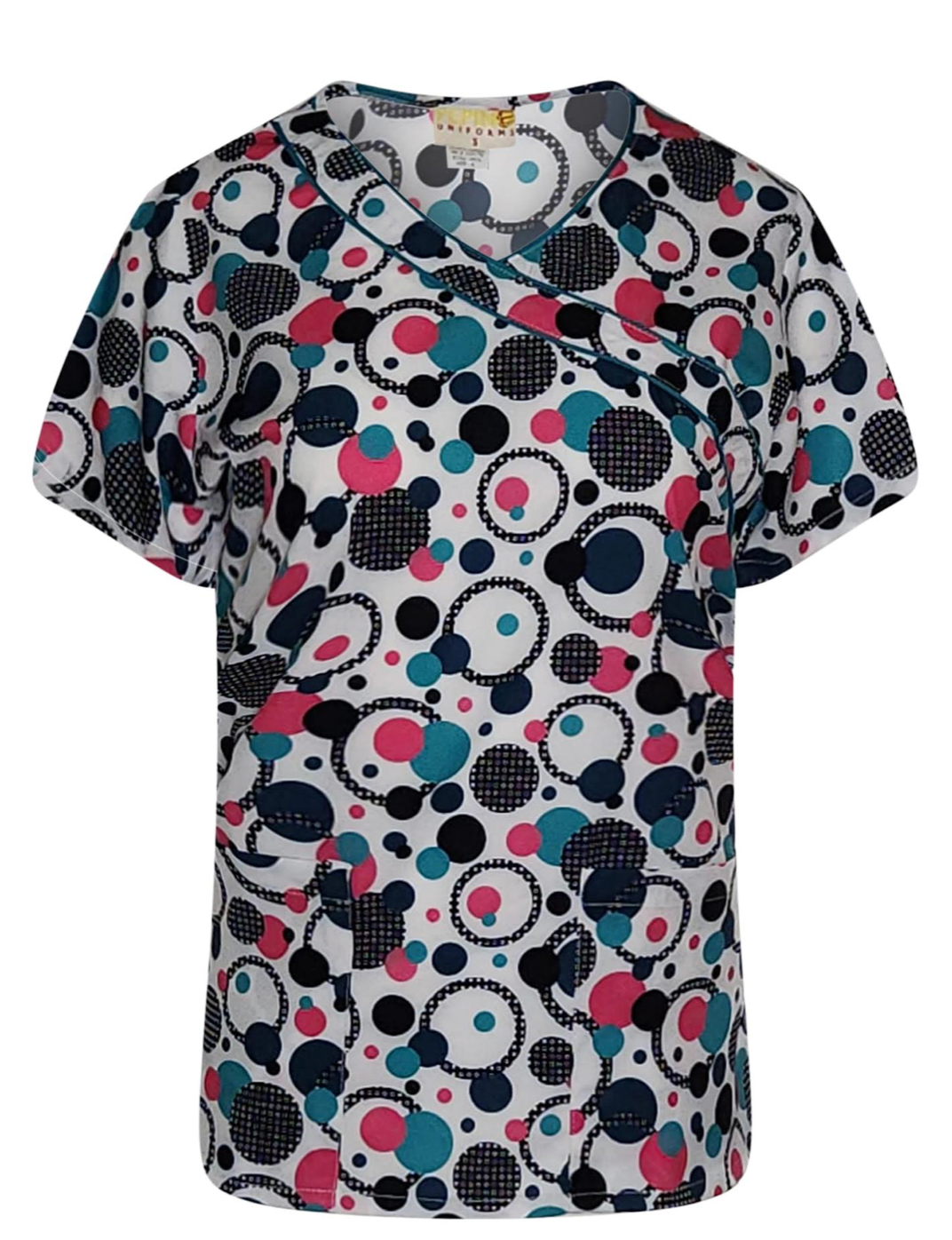 Pepino Uniforms Printed Polka Dot/Teal Mock Wrap Scrub Top