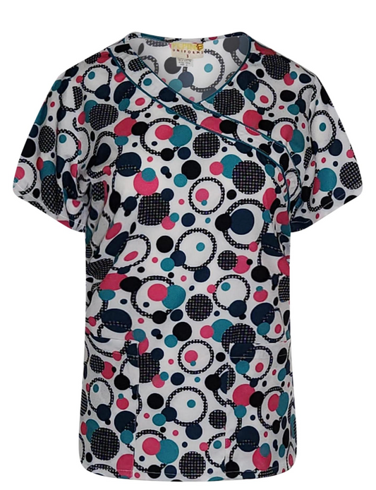 Pepino Uniforms Printed Polka Dot/Teal Mock Wrap Scrub Top