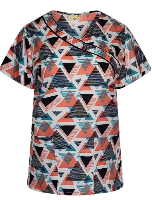 Pepino Uniforms Printed Linked Triangles Black Trim Mock Scrub Top