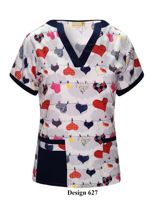 Pepino Uniforms Printed Hanging Hearts V-Neck Scrub Top