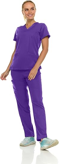Medichic Eleanor V-Neck Top with Tall Joelle Elastic Drawstring Cargo Pants Scrub Set - Grape