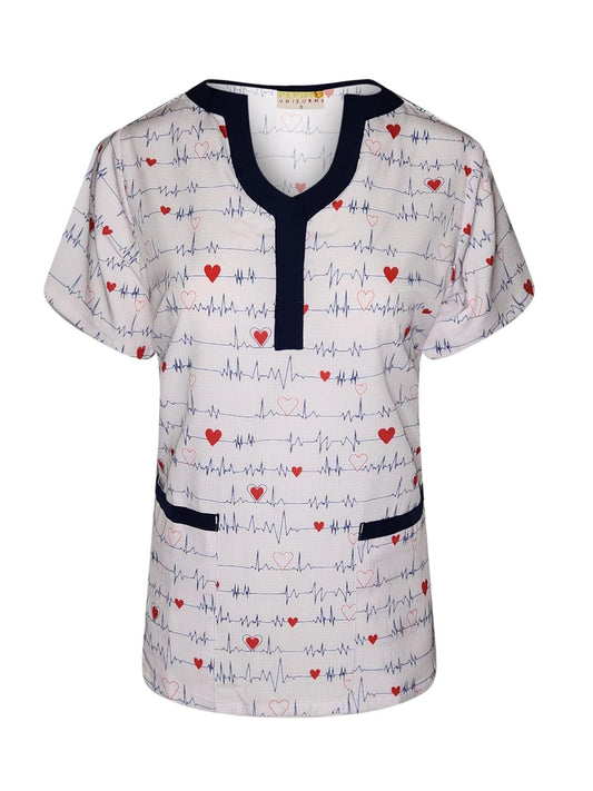 Pepino Uniforms Printed Navy EKG U-Neck Top