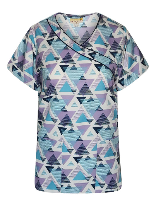 Pepino Uniforms Printed Turquoise Linked Triangles Mock Wrap Top