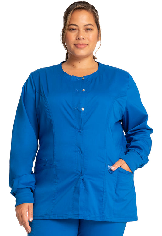 Cherokee Workwear Revolution Womens Snap Front Scrub Jacket with NYC Health + Hospitals | Nursing Logo