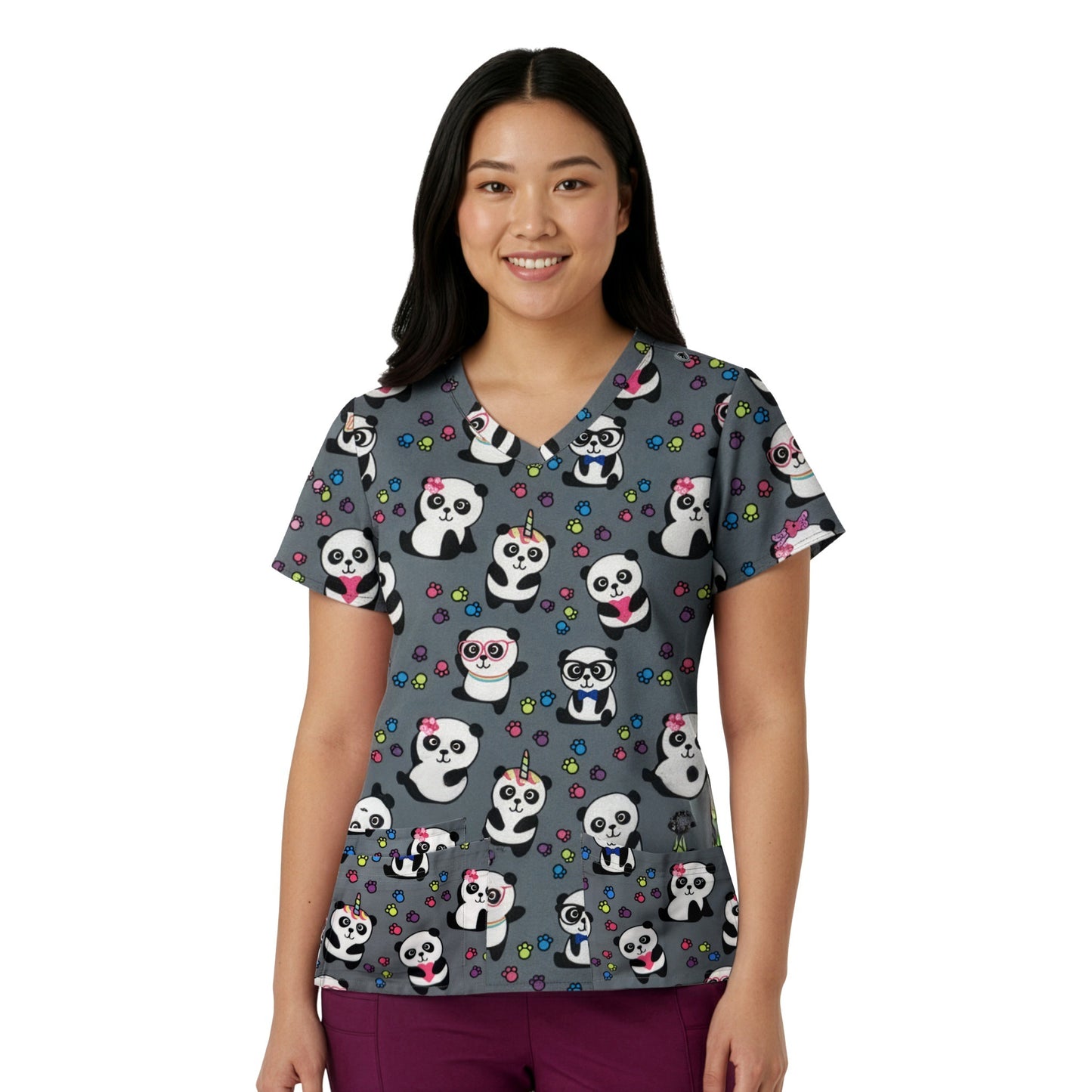 Medichic Kendall Panda Vibes Printed V-Neck Scrub Top