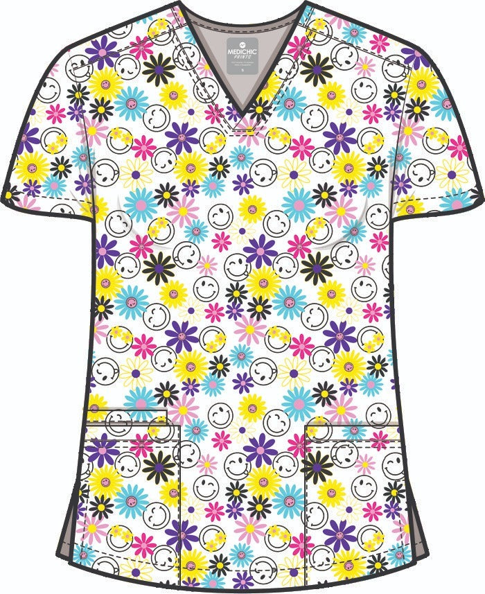 Medichic Kendall Sunshine Smiles Printed V-Neck Scrub Top