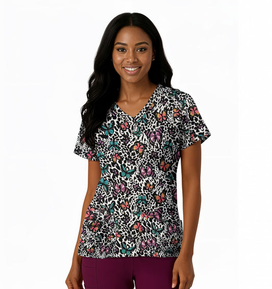 Medichic Kendall Leopard Luxe Printed V-Neck Scrub Top