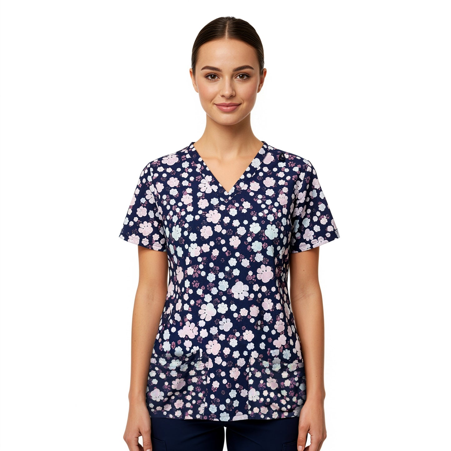 Medichic Kendall Comic Paws Printed V-Neck Scrub Top