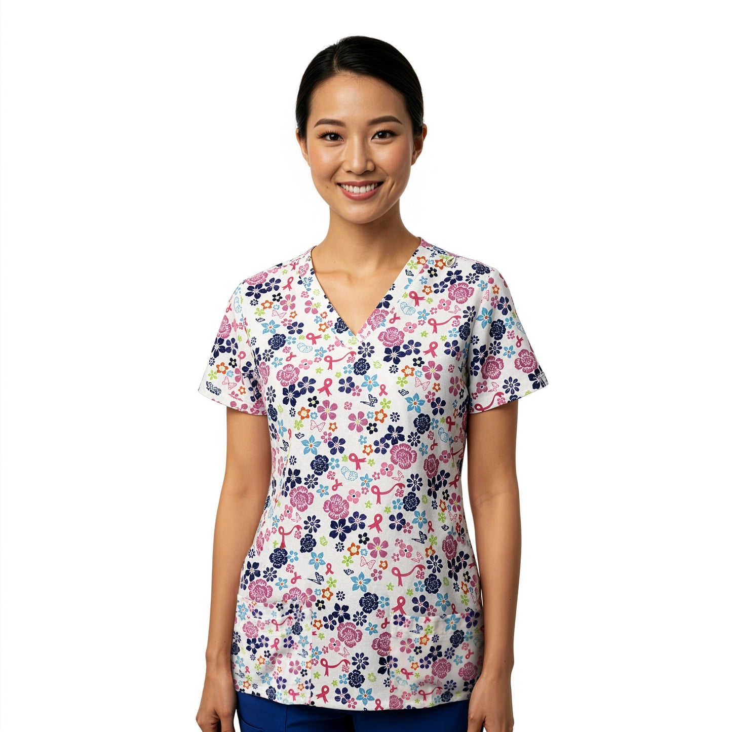 Medichic Kendall Brave Blossoms Printed V-Neck Scrub Top