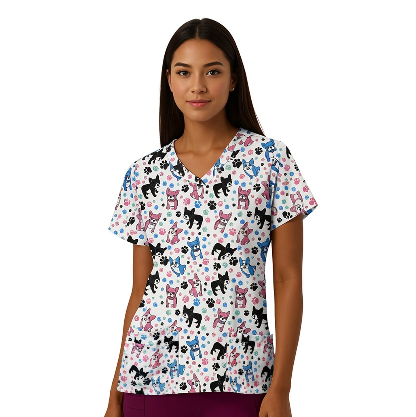 Medichic Kendall Happy Tails Printed V-Neck Scrub Top